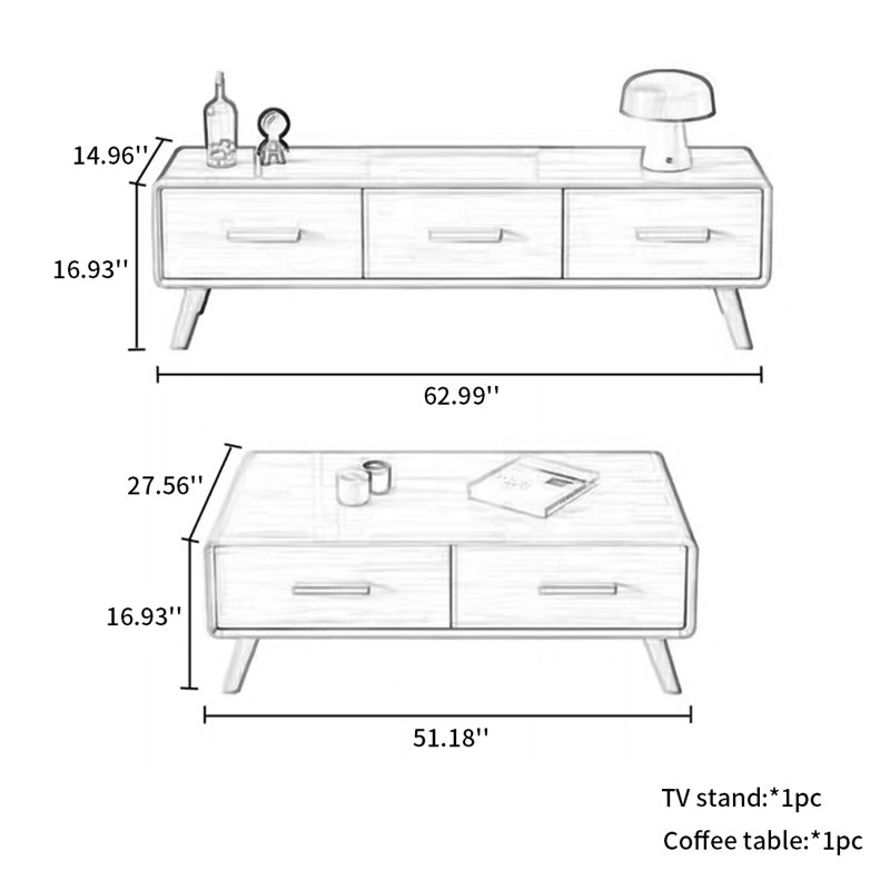 Durable Rubberwood TV And Coffee Table Set 2 - Piece Solid Wood Living Room Table Set
