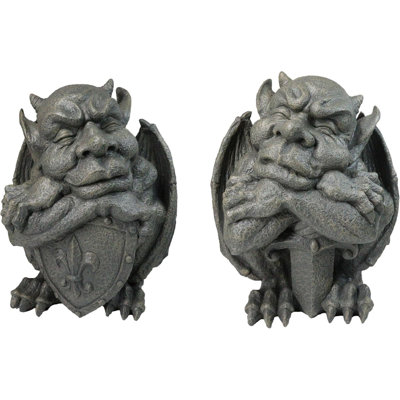 Set Of 2 Gothic Notre Dame Gargoyle Shield And Sword Bearer Chimera Figurines