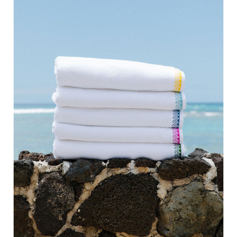 Wind + Wave Pure Cotton Bath Towel with Ocean Embroidery, White/Yellow
