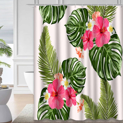Waterproof Exotic Floral Bath Tropical Summer Shower Curtain with 12 Hooks