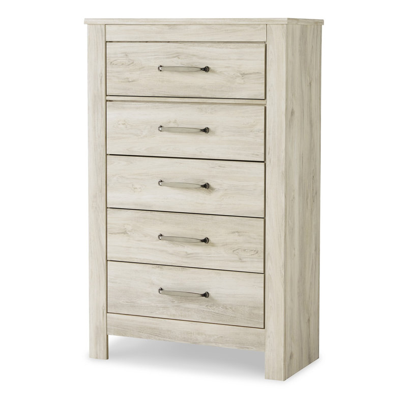 Commode haute 5 tiroirs Simon, blanc rustique stratifié gris délavé