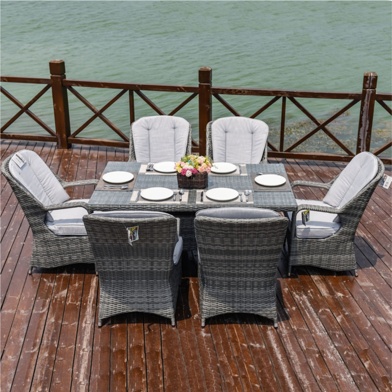 Algird 6 - Person Wicker Patio Dining Set with Rectangular Table , Cushions Included, Grey