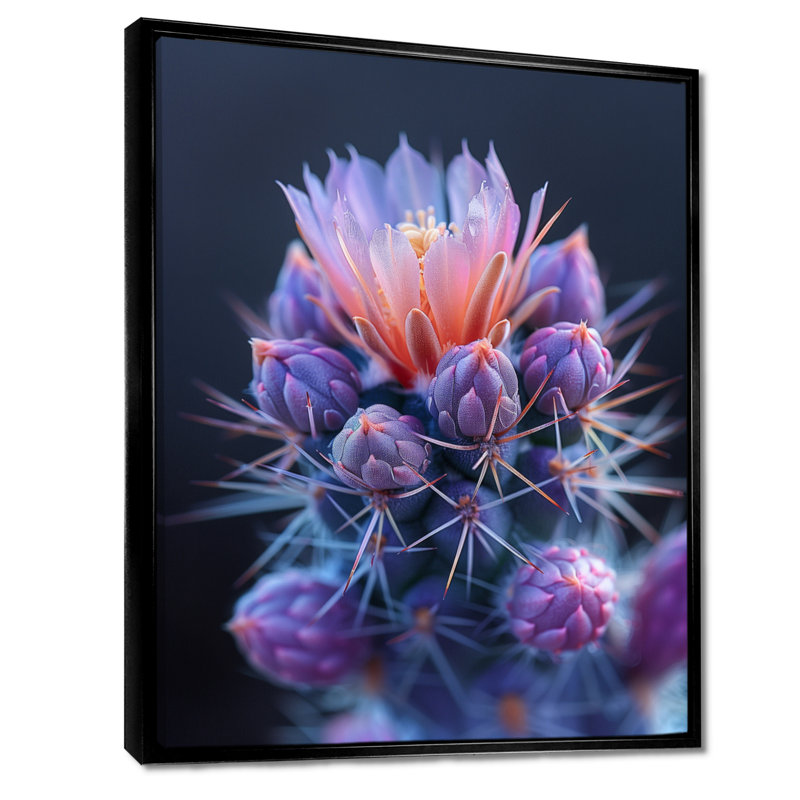 Cactus rose et mauve, Toile avec cadre flottant noir, H 44 po x l 34 po x P 1,5 po
