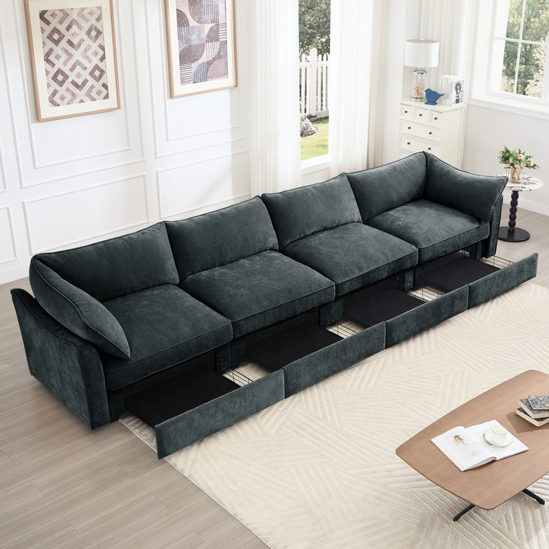Chenille 4 places gris avec de très grands sièges larges, une conception structurelle unique, un rangement coulissant dans une assise douce et confortable, plusieurs tailles pour différentes configurations de maison, un tiroir intégré -