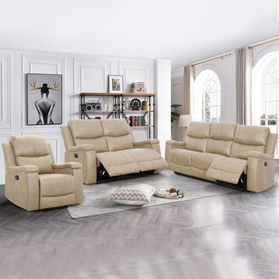 Ilkeston 3-Piece Vegan Leather Manual Reclining Living Room Set with Hidden Cupholder