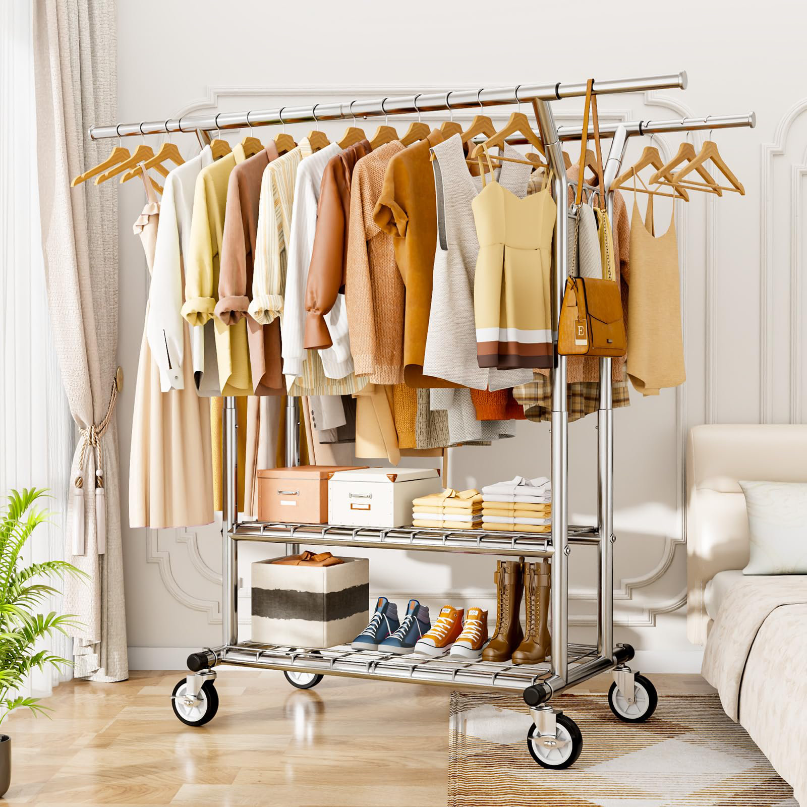 Rebrilliant Heavy Duty Clothes Rack, Rolling Clothing Rack,Double Rod ...