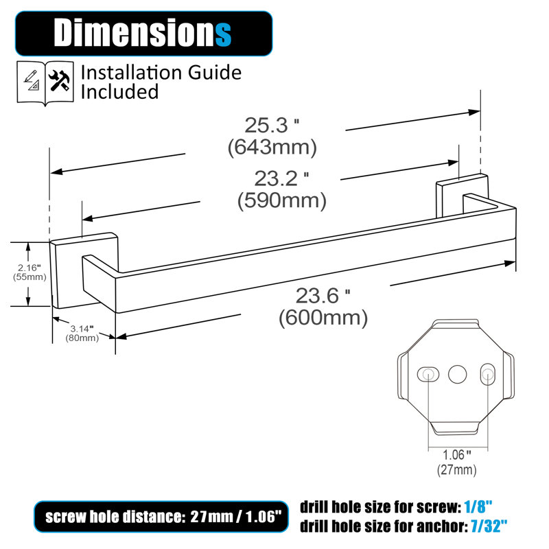 Porte-serviettes mural 25,5 po, Noir / or, H 2 po x l 25,5 po x P 3 po