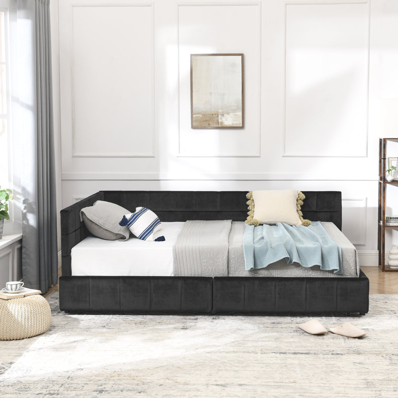 Grand lit capitonné avec rangement capitonné, cadre de canapé-lit avec dossier et accoudoirs confortables, grand lit pour chambre à coucher, salon