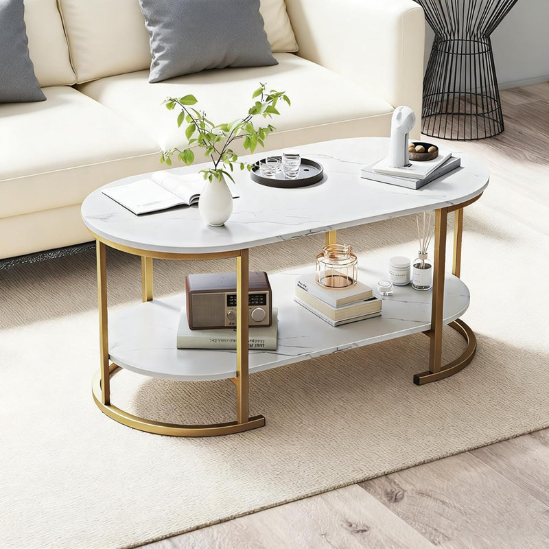 Table basse ovale à 2 niveaux, table centrale moderne avec plateau en grain de bois