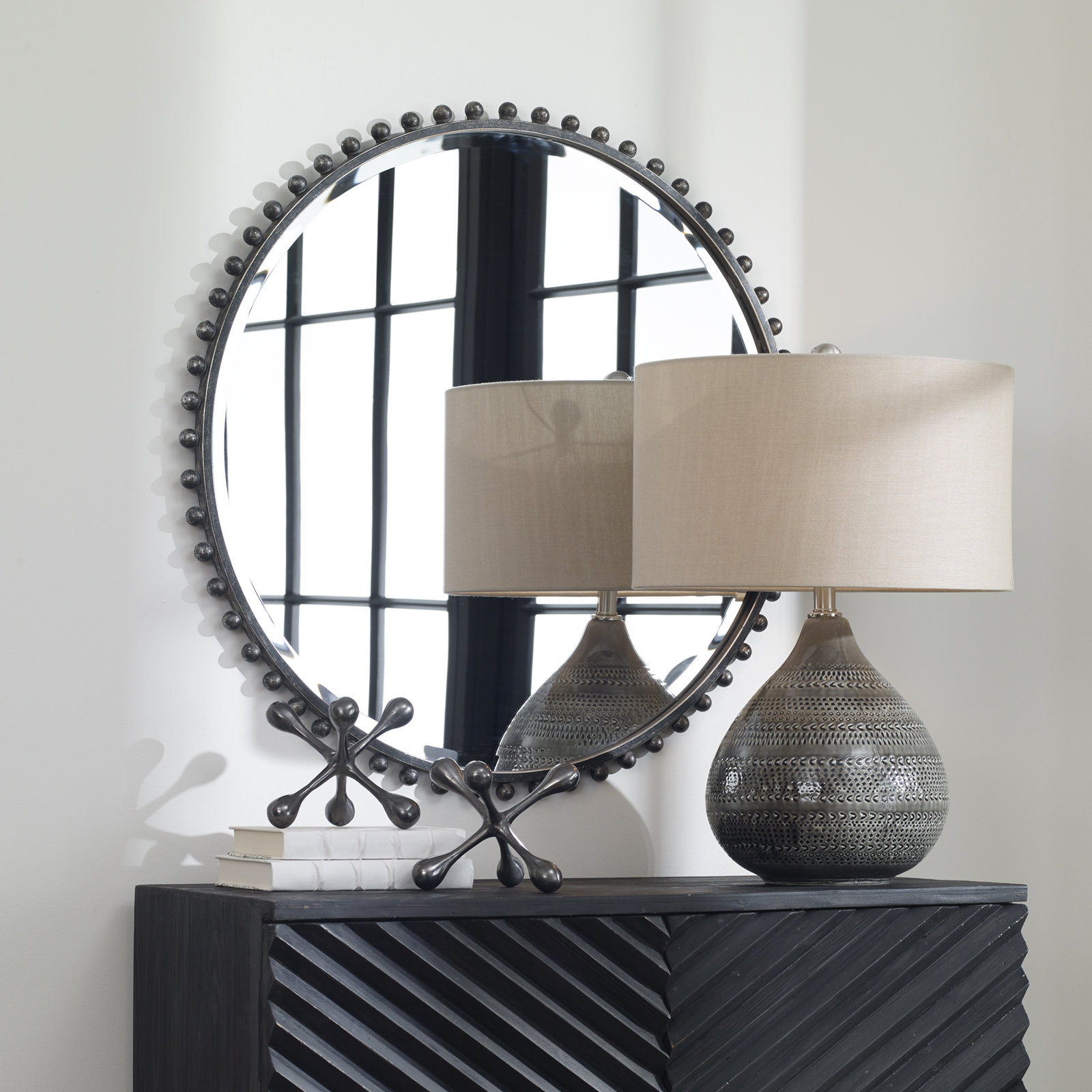 Bedonia 32" Round Metal Wall Mirror, Black