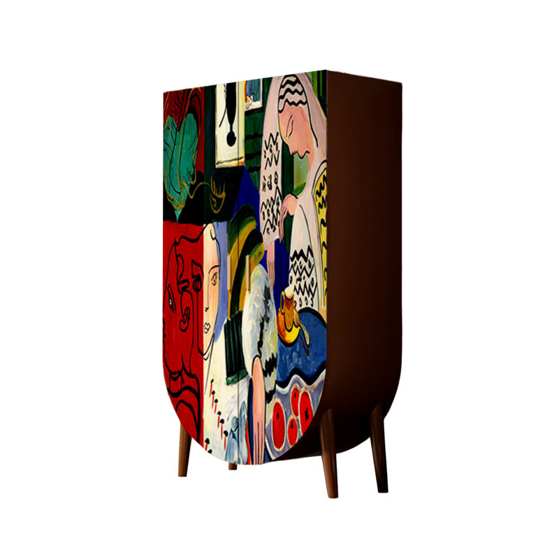 Armoire de rangement haute à double porte abstraite, Noyer / multicolore
