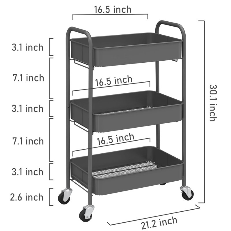 Gray Metal 3-Tier Rolling Utility Storage Cart