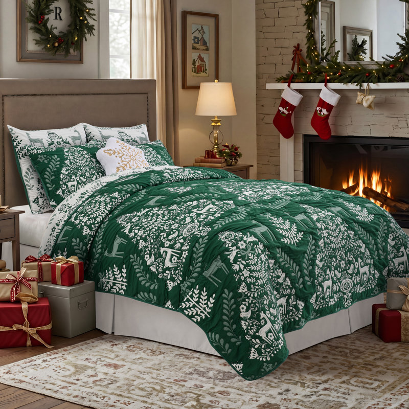 Ensemble de couvre-lit réversible 2 pièces Noella Green de Greenland Home Fashions – 1 place/TG, Simple/Simple TG, Forêt