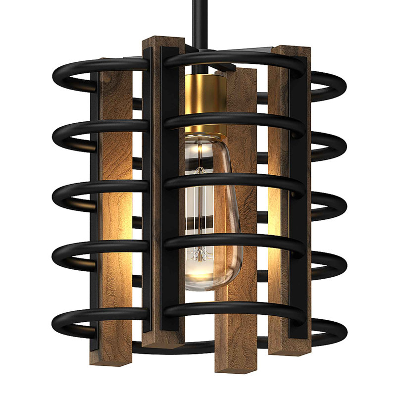 Mini-luminaire suspendu cage d'intérieur 1 lumière en bronze et noyer d'inspiration industrielle