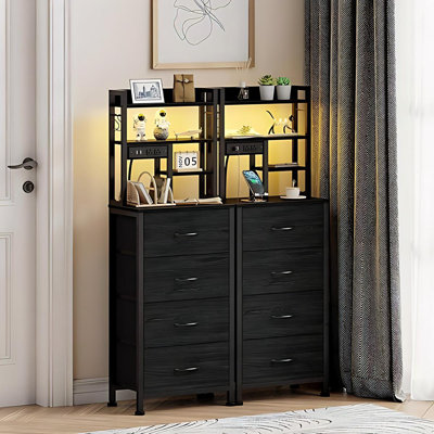 Set of 2 Nightstand with 4-Drawer LED Charging with 2 USB Ports & 2 Outlets, 2 Shelves, Adjustable Height for Bedroom