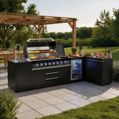 Akoah 5-Piece Modular Outdoor Kitchen Island Set with 8-Burner Grill, Fridge & Wheels