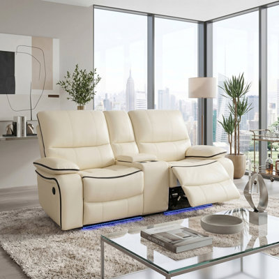 Misty  White Vegan Leather  Reclining  Loveseat With Cup-Holders And LED Lights