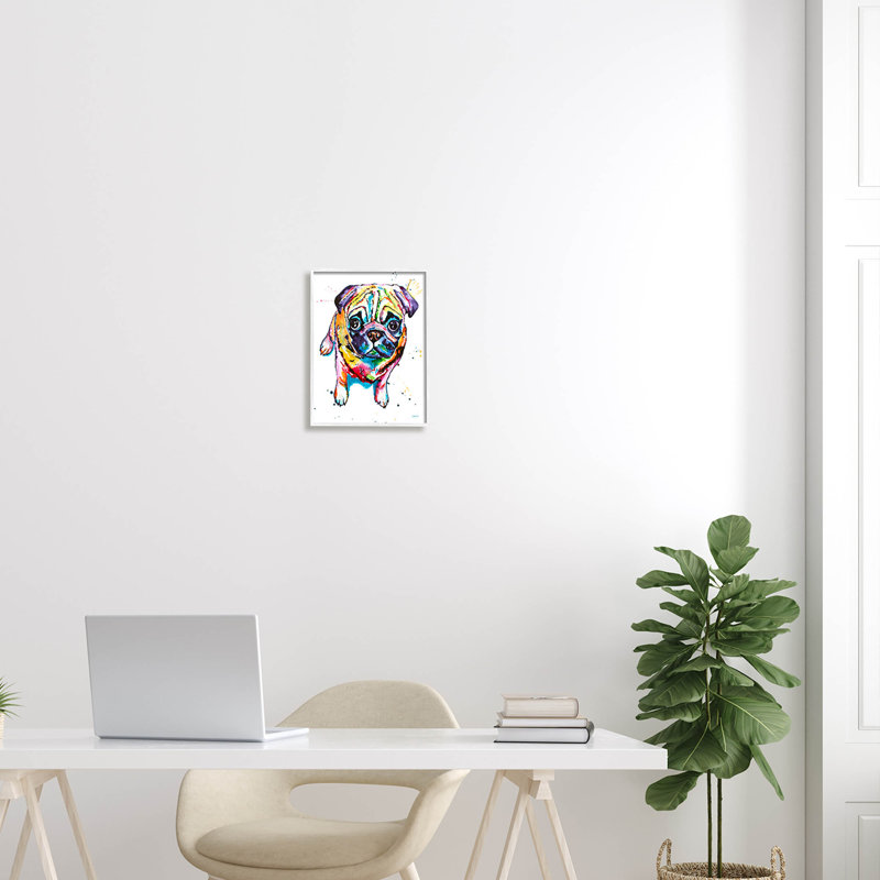 Chiot carlin amusant et giclé par Jen Seeley, H 14 po x l 11 po x P 1,5 po, Giclée encadrée blanc bord de mer