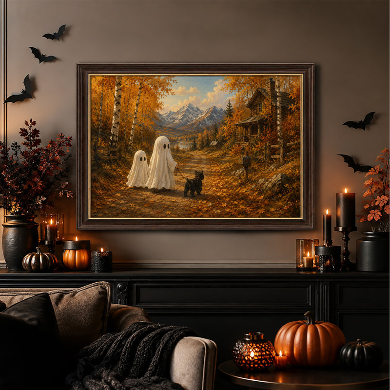 Deux fantômes promenant un chien sur un sentier doré d'automne près de l'Halloween - Toile murale, 12"H x 18"W
