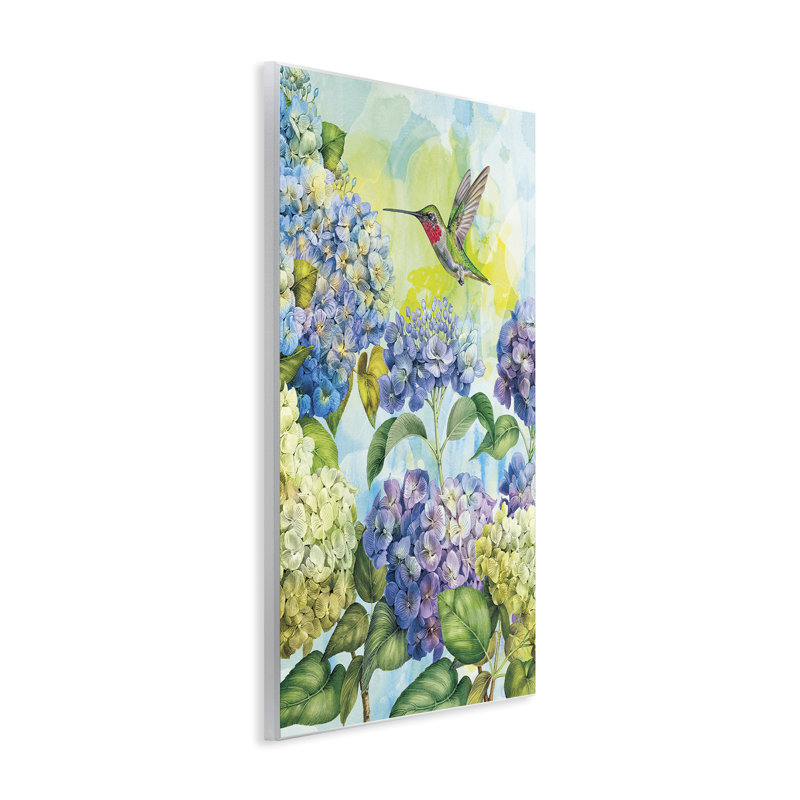 Plaque murale hortensias printaniers avec colibri, design par Tim Coffey, H 19 po x l 13 po