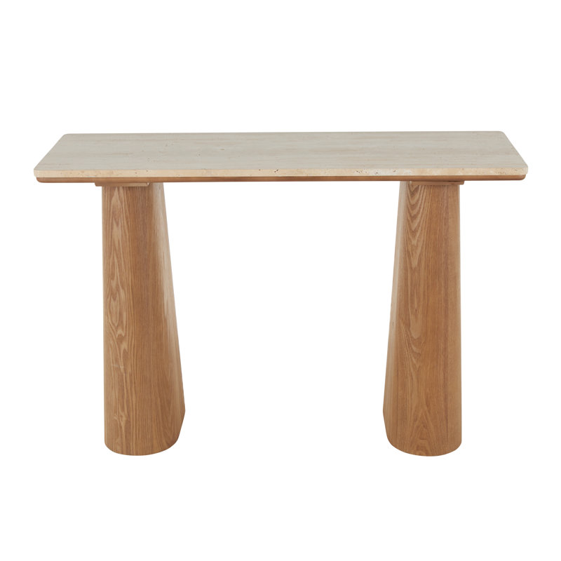 Cole And Grey Wood Console Table With Rectangle Beige Marble Tabletop