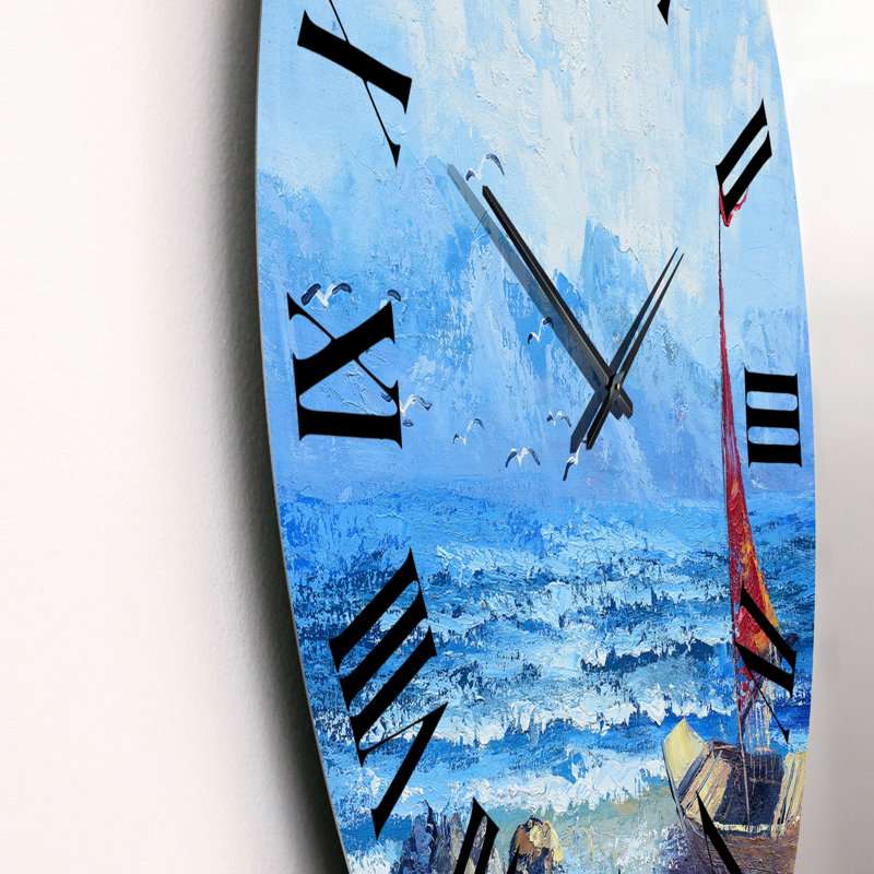Voilier rouge sur un océan bleu - horloge murale nautique et côtière, Grand