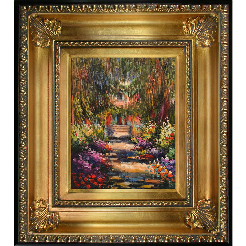 Peinture sur toile, "Garden Path at Giverny", H 18,5 po x l 16,5 po x P 2 po, Or régence