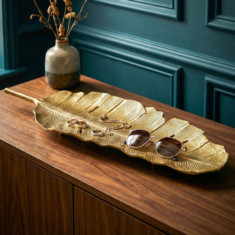 Leaf-Shaped Aluminium Decorative Bowl with Stem Handle, Silver, 4cm H x 60cm W x 18cm D, Gold