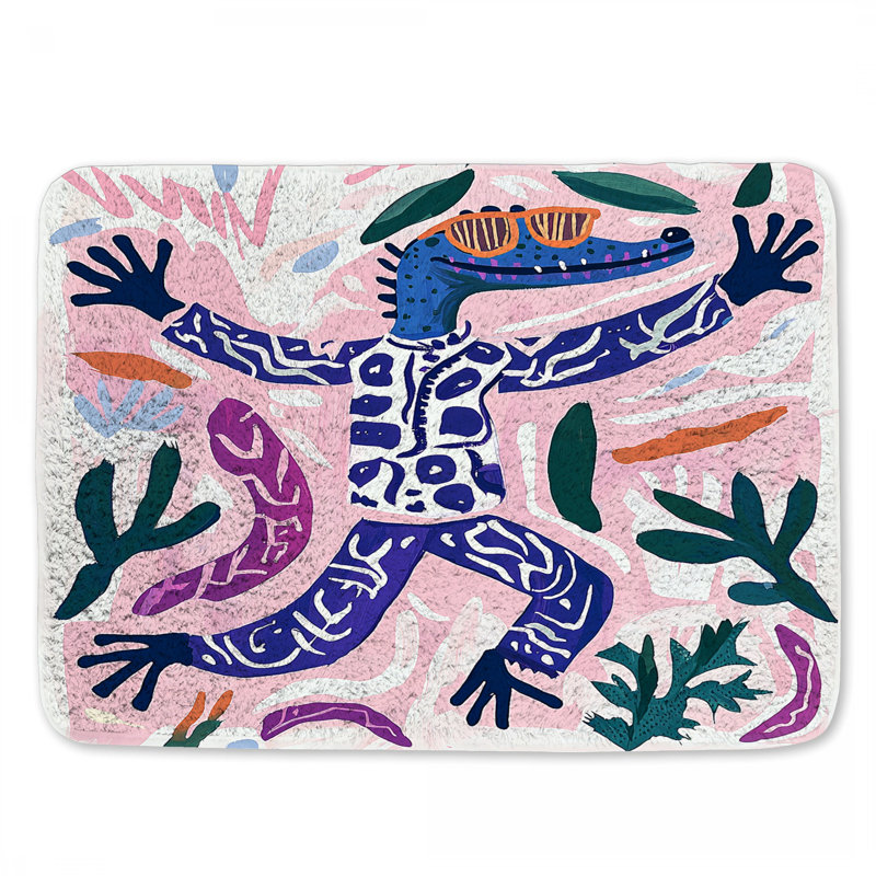 Quirky Crocodile Bath Mat Illustration Bathroom Decor Eclectic, 24" L x 17" W