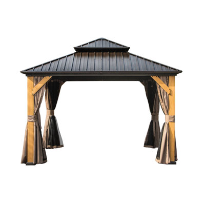 Brown Gazebo With Wood And Galvanized Steel Double Roof For Lawn Decoration Area 12'X12' Base Roof, Backyard Fun