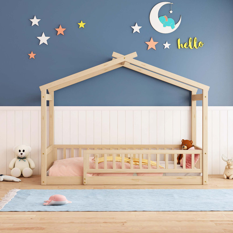 Cadre de lit en bois avec clôture, Naturel, Simple