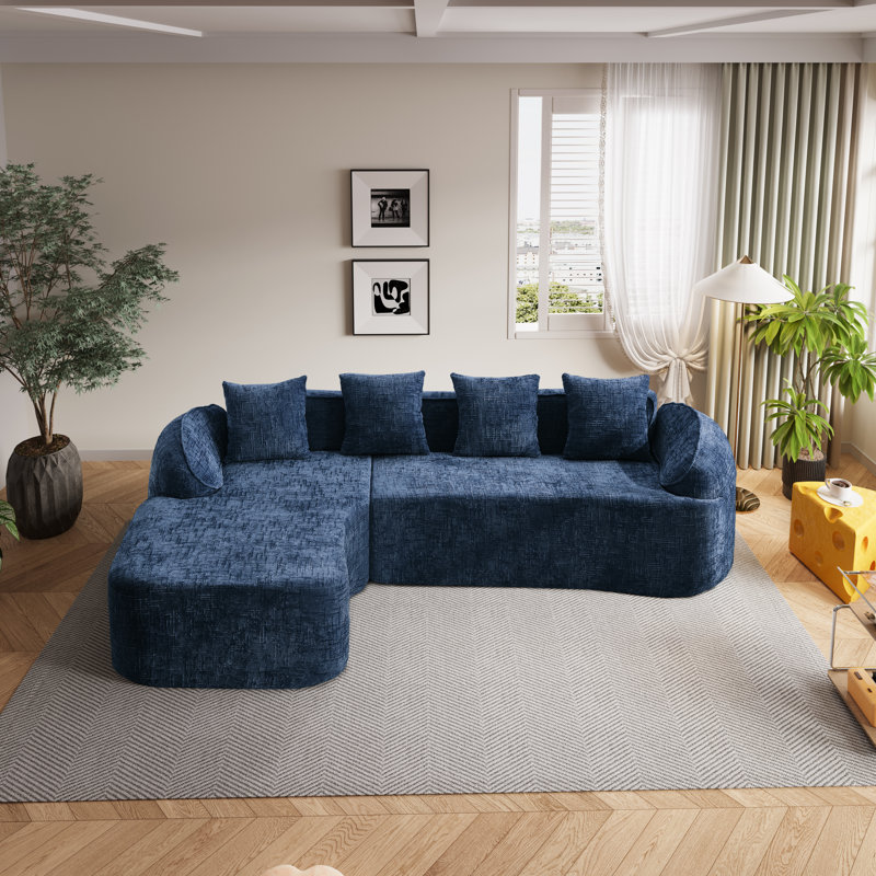 Chenille Boneless L-shaped Sectional Sofa With Curved Armrests And 4 Pillows, , Space-saving Compressed Design, Left-facing