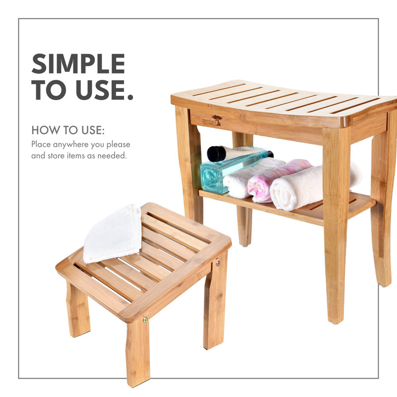 Natural Bamboo Shower Seat Bench with Underneath Shelf