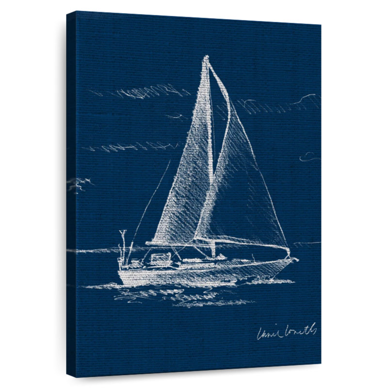 Voilier Mehar sur toile de jute bleue I, H 39 po x l 26 po