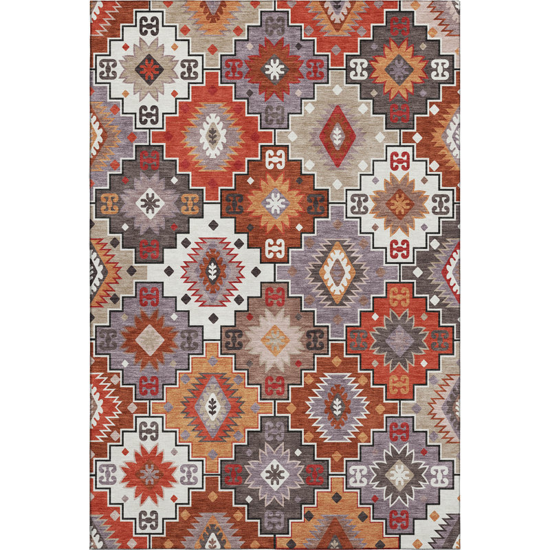 Premium Machine Washable Mayfield  Ethnic Rug, 3' x 5', Paprika