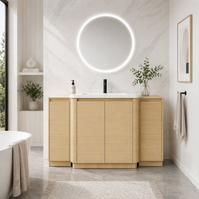 Meuble-lavabo autoportant avec lavabo en céramique, 2 petites armoires de rangement, portes à fermeture en douceur, contreplaqué, écologique et élégant