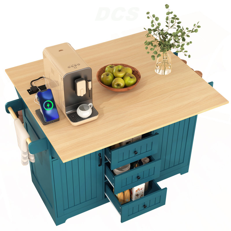 55.7'' Large Kitchen Island With 2 Drop Leaf,, Rolling Kitchen Cart On 5 Wheels With Power Outlet, Folding Storage Dining Table With Spice & Towel Rack , 3 Drawers, For Kitchen, Dining Room