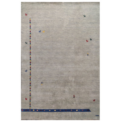 5X8 Grey Gabbeh Handmade Rug with Girl & Goat Design