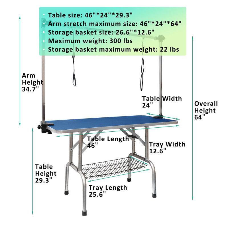 Adjustable Pet Grooming Tables, Blue, 64" H x 46'' W x 24" D