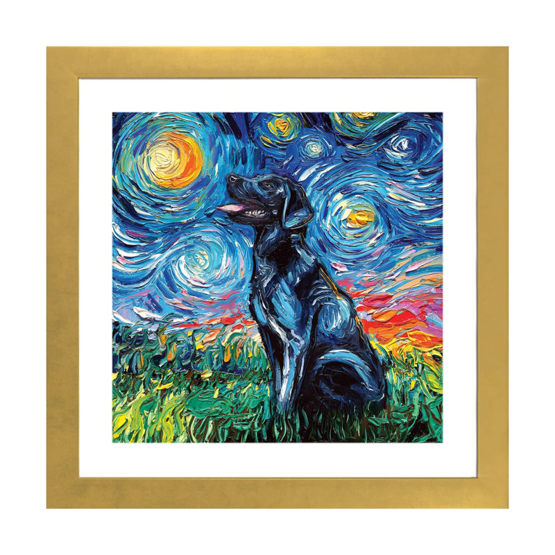 Reproduction d’art, "Black Labrador night I" par aja Trèves, Papier encadré doré, Blanc, H 16 po x l 16 po x P 1 po