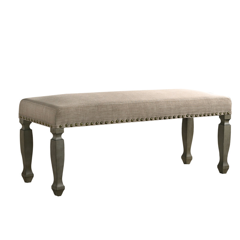 Antique Gray Finish Bench With Peaceful Tan Cushioned Seat And Nailhead Trim Upholstered In Soothing