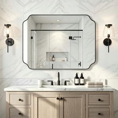 Rectangular Bathroom Vanity Mirror with Scalloped Corners – Stainless Steel Frame