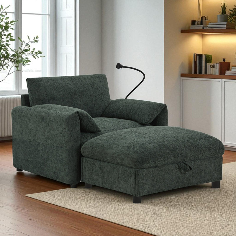 Fauteuil d'appoint rembourré avec repose-pieds avec rangement, Vert