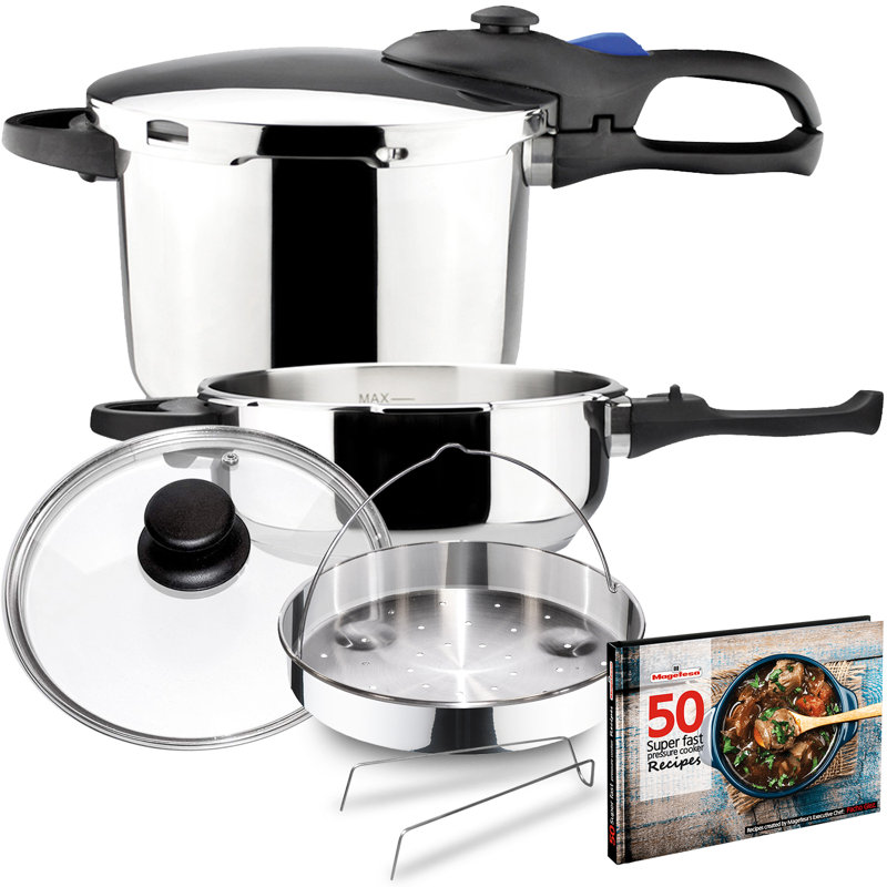 Ensemble de six autocuiseurs en acier inoxydable Magefesa Favorit, 3,2 et 6,3 pte, compatible avec l'induction, base de diffuseur de chaleur, 5 systèmes de sécurité - édition spéciale (panier à vapeur, couvercle et livre de recettes)