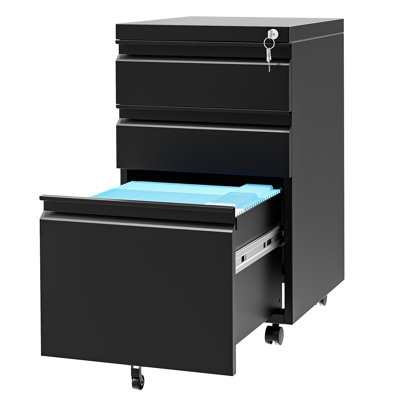 Lockable 3-Drawer Mobile Metal File Cabinet with 2 Keys | Rolling Under-Desk Storage with Adjustable Shelf for Letter/Legal/A4 Files, Black