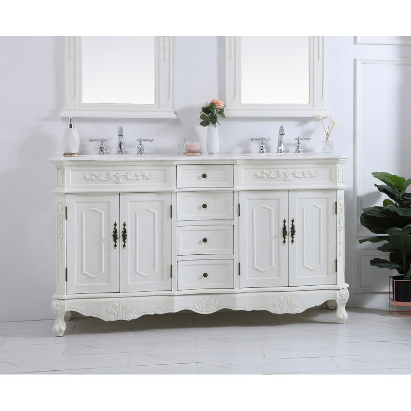 Ensemble de meuble-lavabo double 60 po Lunette, Blanc antique, Blanc ivoire