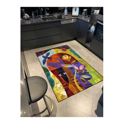 Machine Washable Floral Head Patterned Decorative Area Rug