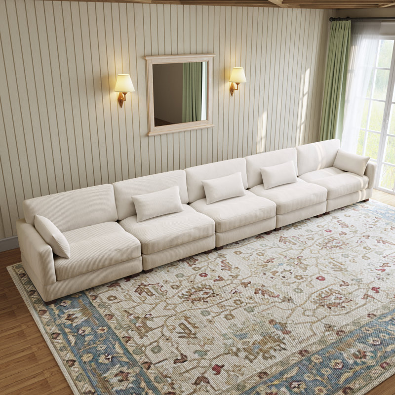 Maelina 5 - Piece Upholstered Beige Corduroy Modular Sectional Sofa with Pillow Back and Solid Wood Legs, Beige Corduroy