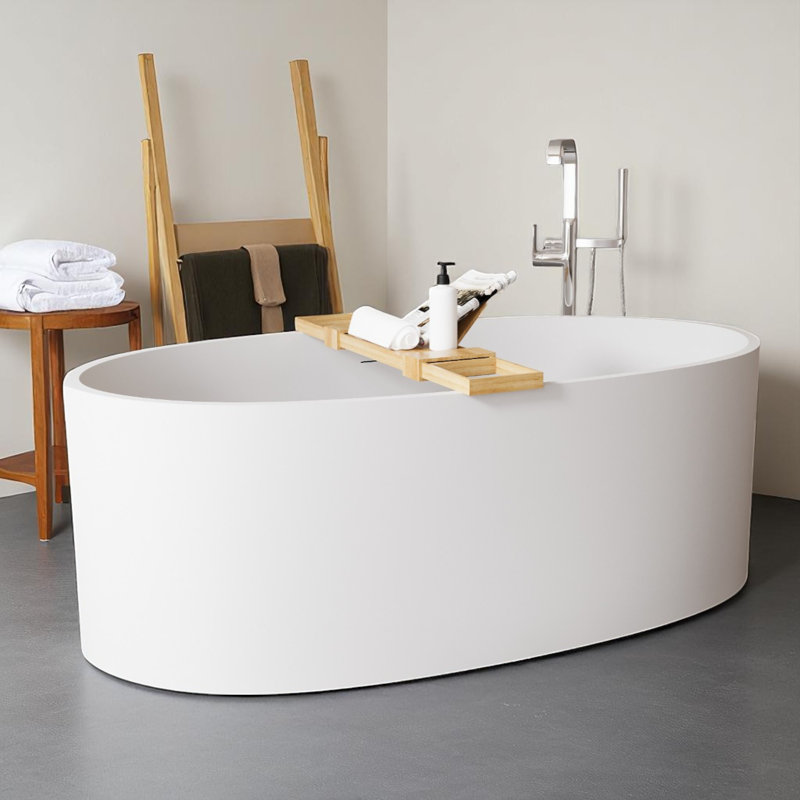 65" X 34" Freestanding Solid Surface Stone Resin Soaking Bathtub With Overflow And Pop-Up Drain Matte White