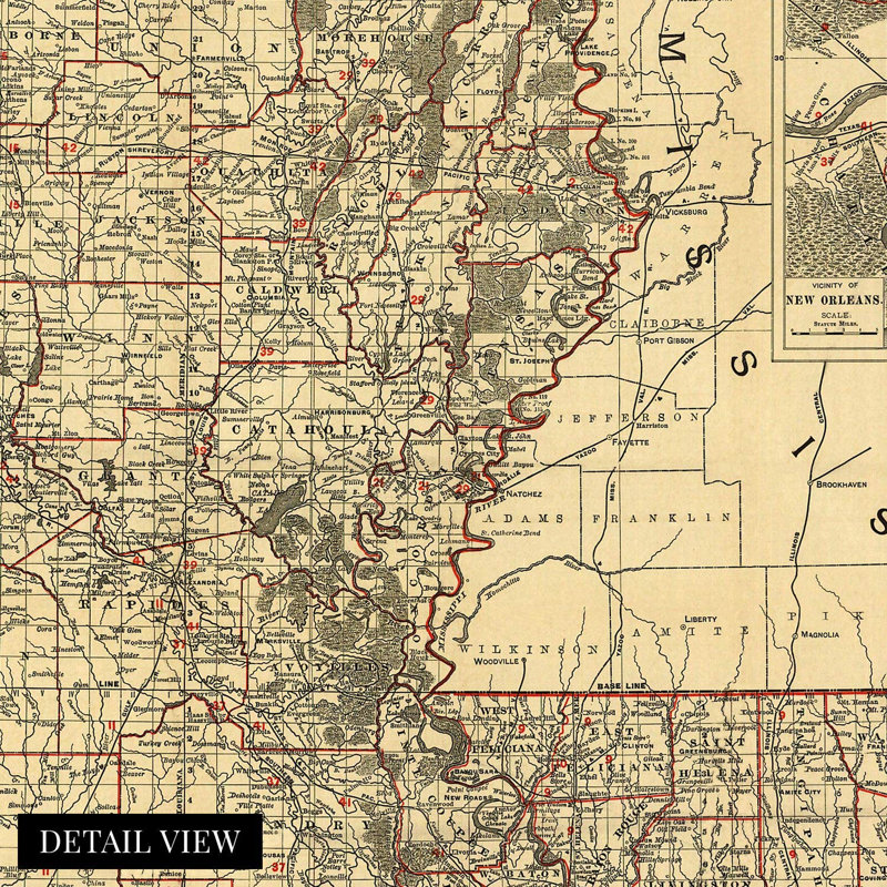 1896 Louisiana Map, art mural sur papier, H 24 po x l 36 po x P 0,1 po